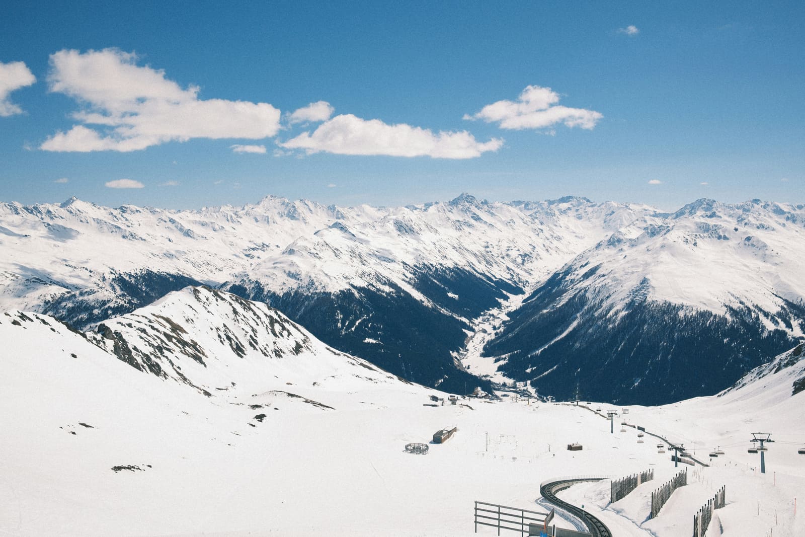 Hochalpines Winterpanorama über einem Skigebiet mit Liftanlagen und Bergketten