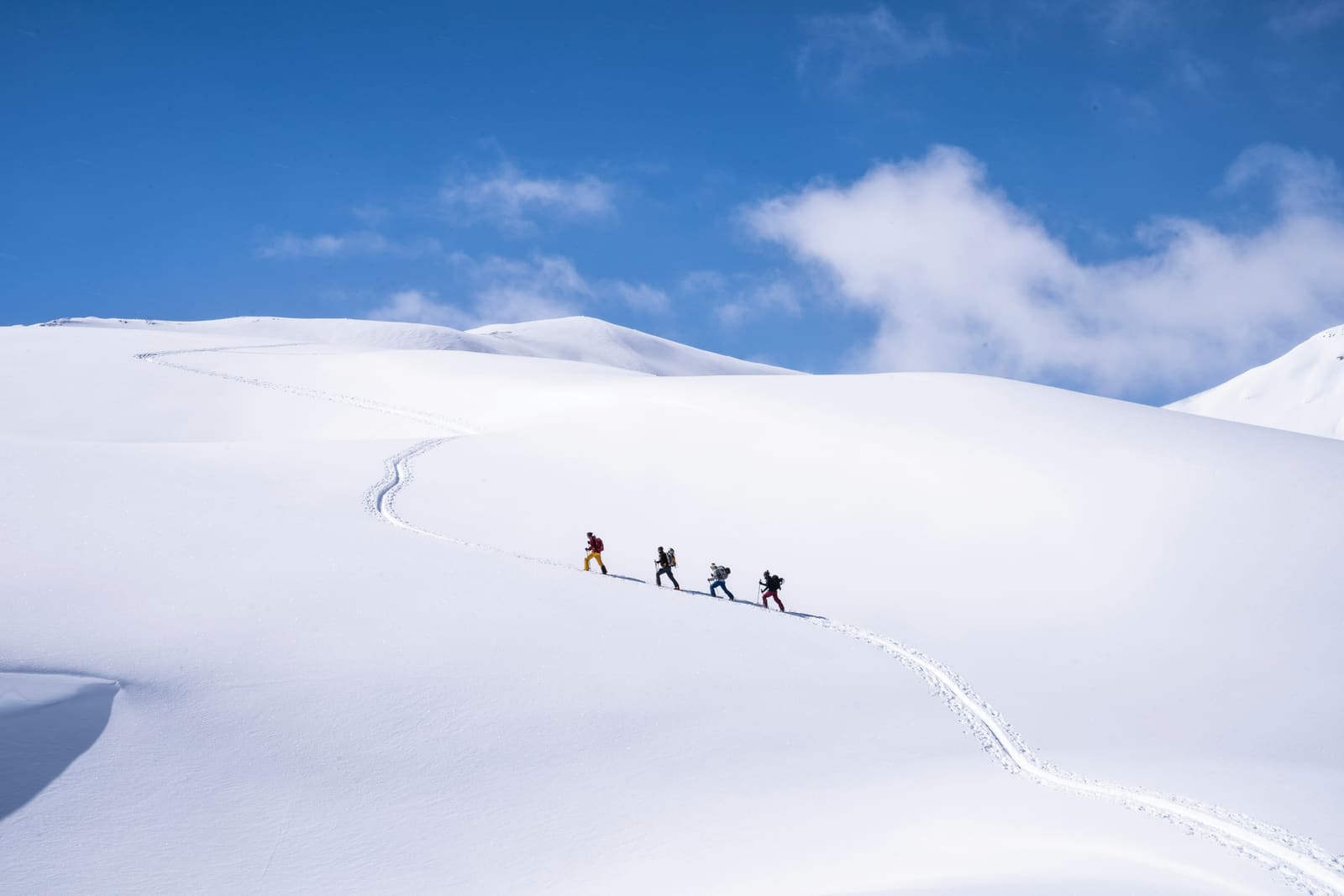 Skitourengruppe steigt auf einer Spur durch weite, verschneite Hänge auf